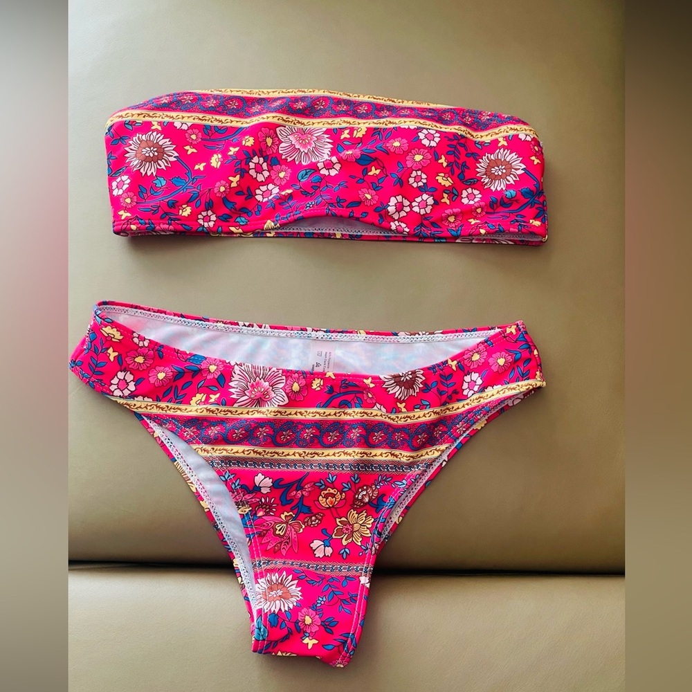 Bright Floral Bandeau Bikini Set - Pink Multi